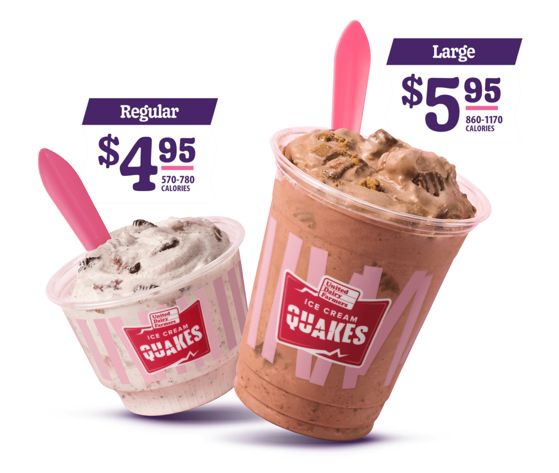 Ice Cream Quake starting at $4.95 for a regular and $5.95 for a large